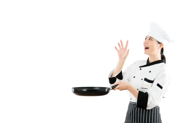 Vrouwelijke chef-kok copyspace fantasie voedsel te kijken — Stockfoto