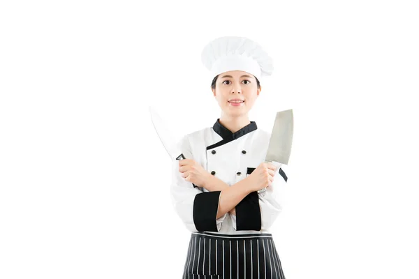 Chef profesional mostrando dos cuchillos afilados — Foto de Stock