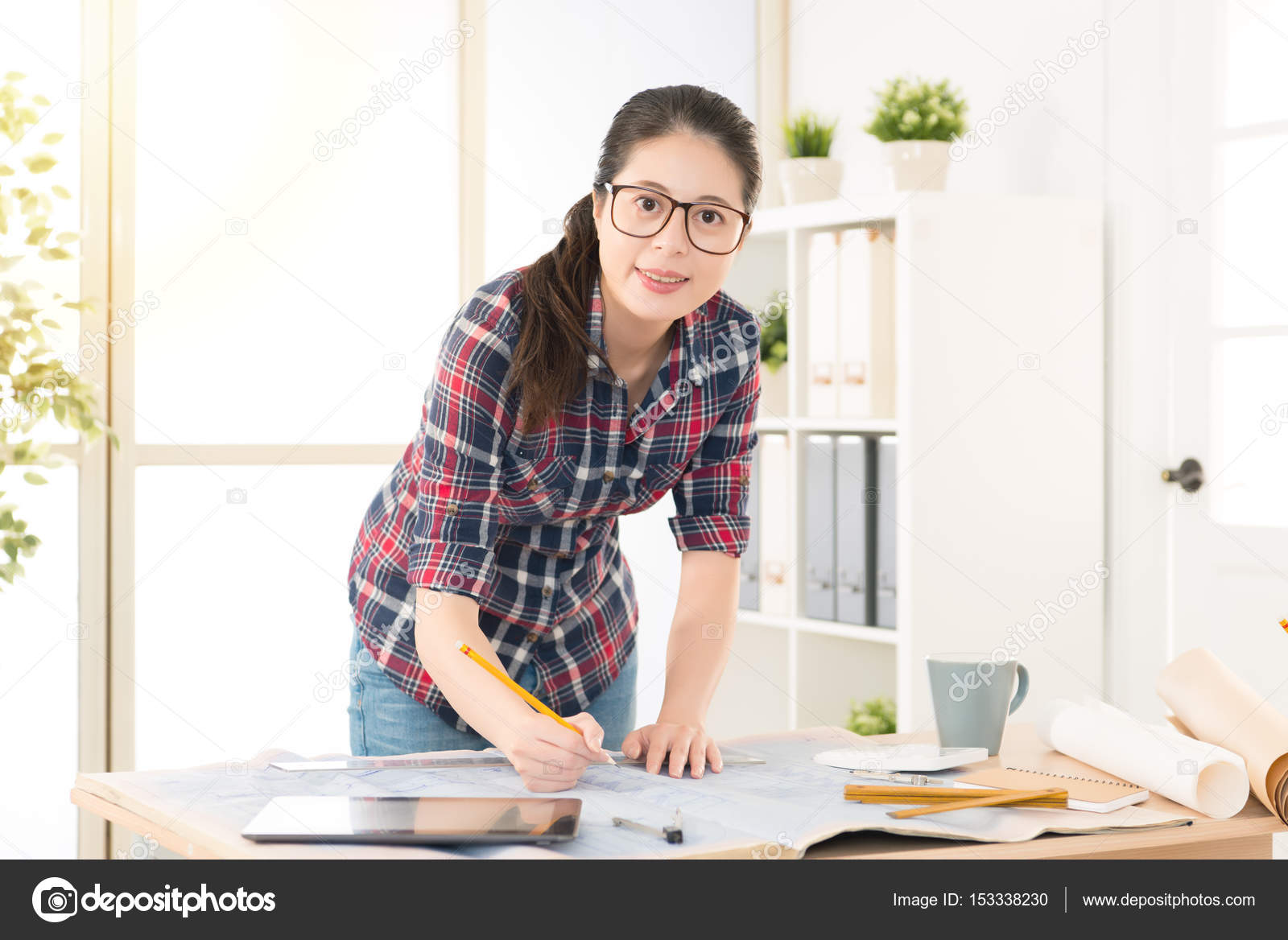 Chinese Female Interior Designer Sketch Draft Stock Photo