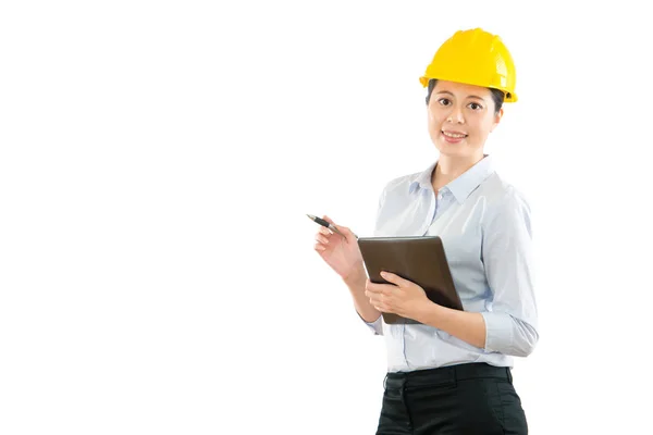 Engineer with hat hand holding digital tablet — Stock Photo, Image