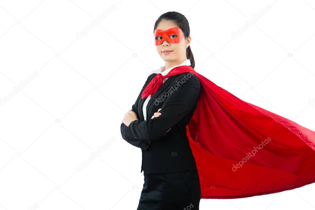 friendly businesswoman dressed as superhero