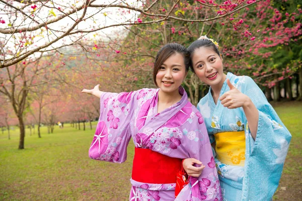 Mujeres felices usando kimono tradicional de viaje — Foto de Stock