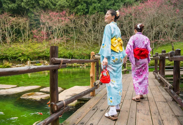 Vestir japonés kimono turismo sakura —  Fotos de Stock