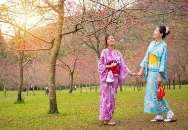 el ele tutuşarak mutlu Japon kız