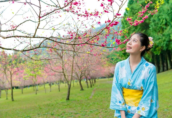 Vrouw die een bezoek aan bloeiende kersen bloem bomen park — Stockfoto