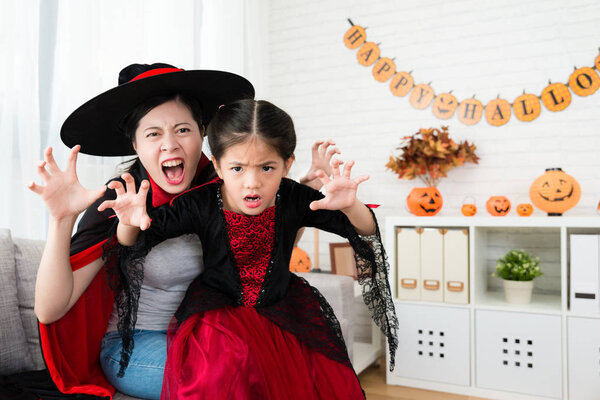mother and her cute girl use horror face