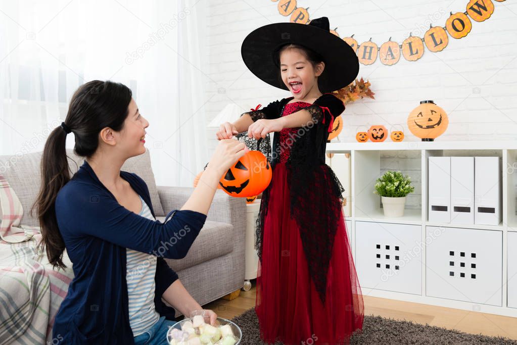 little cute girl play trick or treat
