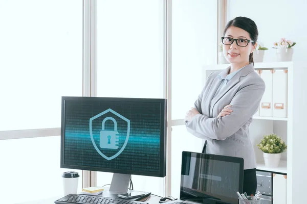 stock image worker girl showing information security working 