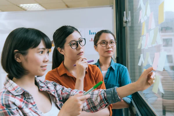 Vrouwelijke ontwerper teamvergadering op glazen wand — Stockfoto