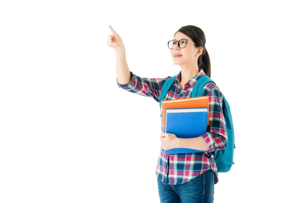 Chica universitaria señalando área vacía de la educación —  Fotos de Stock