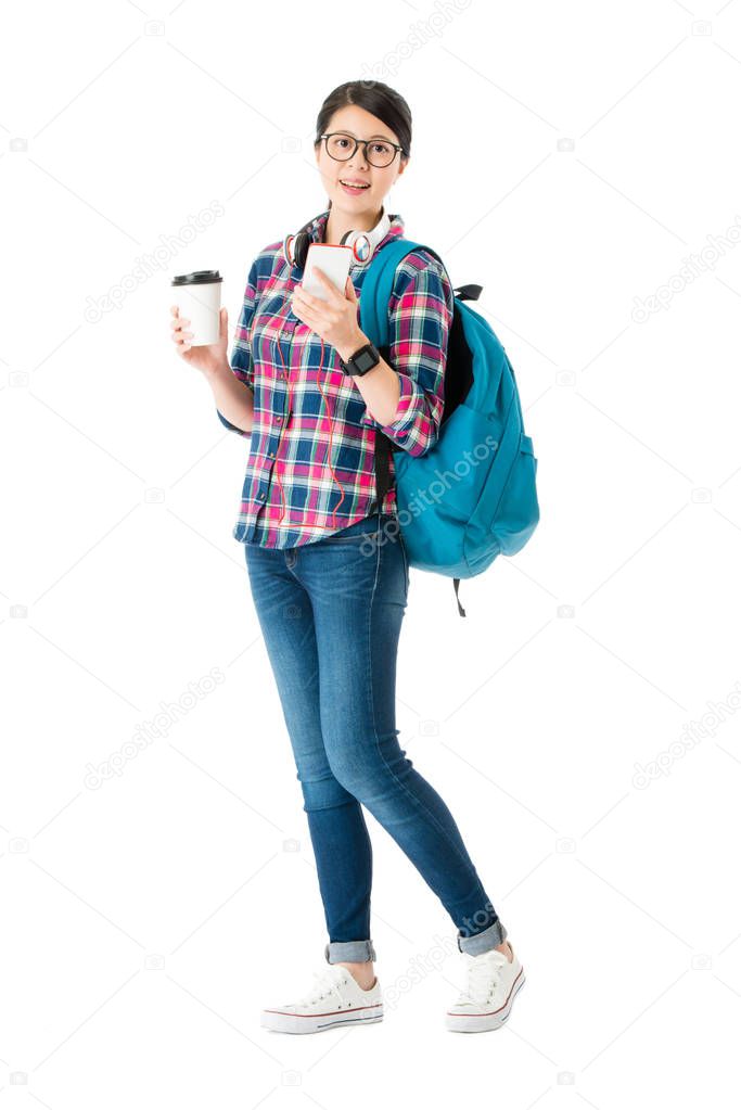 elegant college student holding mobile smartphone