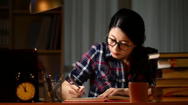 Young Woman Doing Homework Night Tired Hispanic Girl College Education — Stock Video