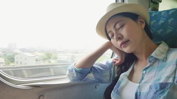 Bella Viaggiatore Donna Asiatica Prendere Una Pausa Addormentato Sul Treno — Video Stock