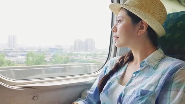 Woman Relaxing Enjoying View Morning Commute Travel Asian Girl Pensive — Stock Video