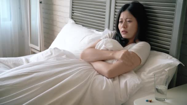 Woman Feels Cold Trembling Bed She Keeps Sneezing Coughing Blanket — Stock Video