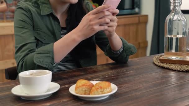 Wanita Menggunakan Ponsel Dengan Senang Hati Dia Sms Kekasihnya — Stok Video