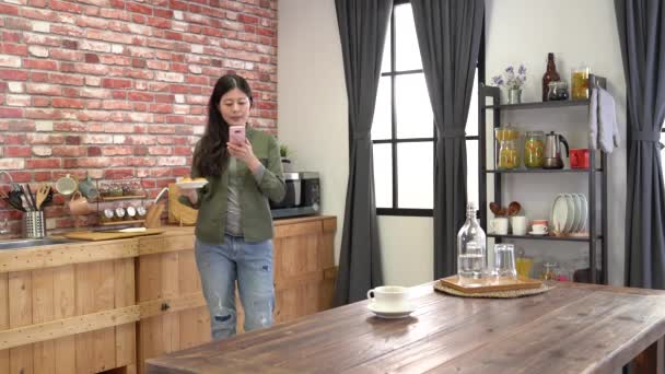 Girl Walks Dining Table Drinks Some Coffee She Texting Corner — Stock Video