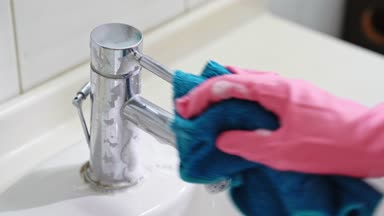 Banyo kadın temizlik eldivenleri ile ev hanımı musluk üzerinde köpük sildi. ev işleri ve ev kavramı.