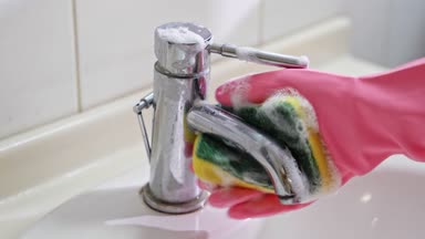 Kadın eldivenler ile banyo musluk köpüklü sünger, yıl temiz işin sonu ev hanımı ile temizler. ev işleri ve ev kavramı.