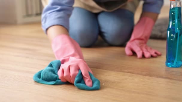 Woman Uses Cleaner Rag Work Hard Wipe Floor Back Forth — Stock Video