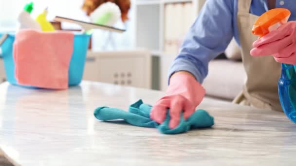 Mesa Limpeza Empregada Profissional Com Cuidado Para Final Ano Limpo — Vídeo de Stock