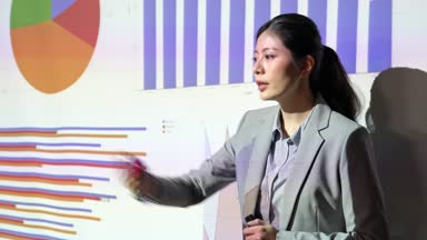 sanal ekran göstermek iş çözümleri ve mali grafik kullanarak kadın Asya girişimci. iş arkadaşınız dinleyici soru soran.