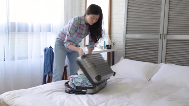 Quick Motion Woman Pulling Everything Out Suitcase Threw Them All — Stock Video