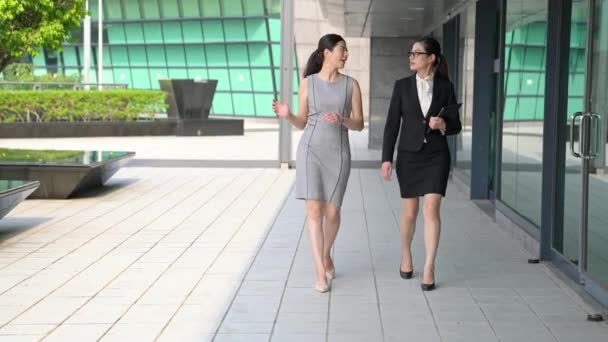 Glückliche Japanische Geschäftskollegen Die Aus Dem Büro Gehen Und Miteinander — Stockvideo