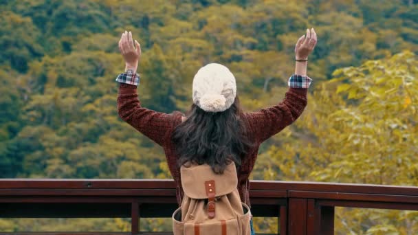 愉快的亚洲女孩站立在山顶与他的手看秀丽秋天山风景在徒步旅行 — 图库视频影像