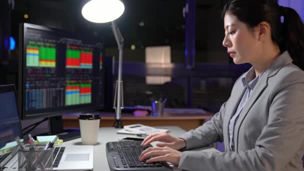 亚洲青年女实业家工作到深夜在办公室与计算机 — 图库视频影像