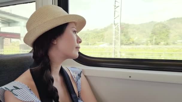 Chica Mirando Por Ventana Ella Está Sentada Tren Estación Tren — Vídeos de Stock