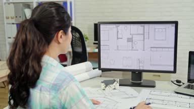 arkadan görünüşü kullanarak bilgisayar evde bazı projede çalışan kadın. kadın tasarımcı onun önünde laptop arıyorum.