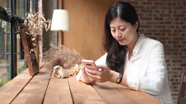 Giovane Signora Moderna Toccando Suo Cellulare Parte Finestra Della Caffetteria — Video Stock