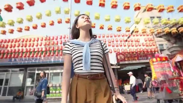 Asian Woman Standing Middle Tin Hau Temple Lots Lanterns Hanging — Stock Video