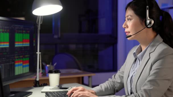 Callcenter Geschäftsfrau Spricht Auf Einem Headset Asiatische Frau Kundendienstposition Beim — Stockvideo