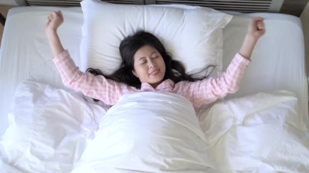 Asian Woman Woke Fulfillment She Had Nice Dream Last Night — Stock Video