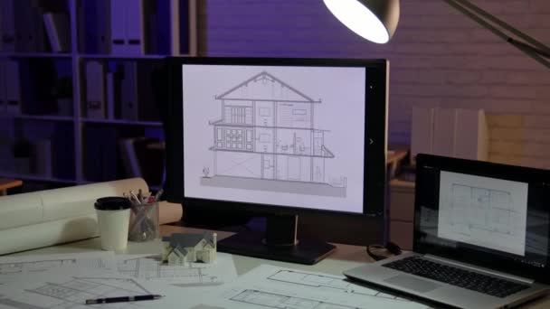 Computer Schreibtisch Eines Architekten Der Nacht — Stockvideo