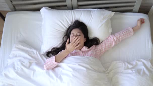 Asian Modern Lady Woke Had Big Yawned Looked Soft Warming — Stock Video