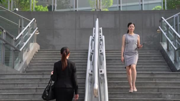 Duas Mulheres Negócios Bonitas Asiáticas Andando Nas Escadas Passam Uma — Vídeo de Stock