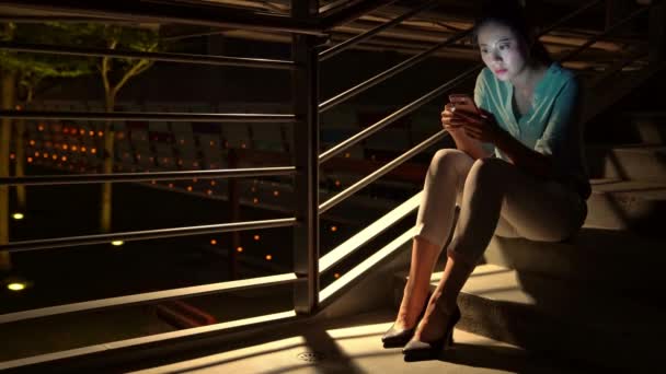 Beautiful Business Female People Look Smartphone Feel Depressed Sitting Staircase — Stock Video