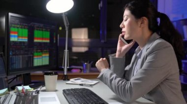 Evet ve ofis resepsiyon geç t gece şehrin bakan pencerelerin önünde bir dizüstü bilgisayar kullanarak genç Asya iş kadını