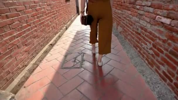 住宅街の古い通りを歩いてアジア女性の背面図 — ストック動画