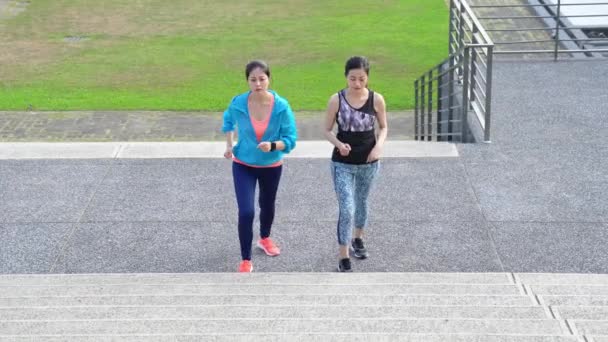 石の階段を一緒に実行している健康的なライフ スタイル スポーツ女性をけん引 競争のスポーツ コンセプト — ストック動画
