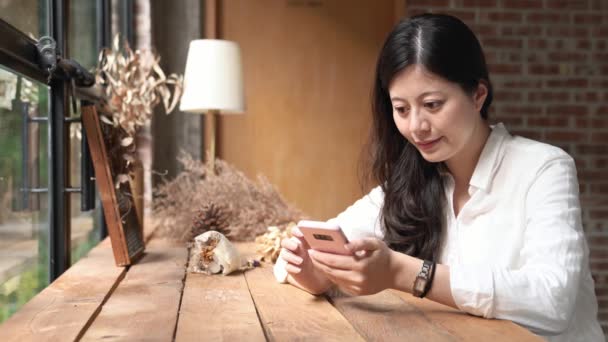 在咖啡馆咖啡厅里 在智能手机上键入短信的女人 一个年轻女子坐在桌边用手机喝咖啡的画面 — 图库视频影像