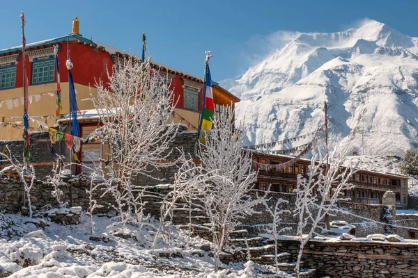 Beyaz Bhuddist stupa Himalayalar karda — Stok fotoğraf