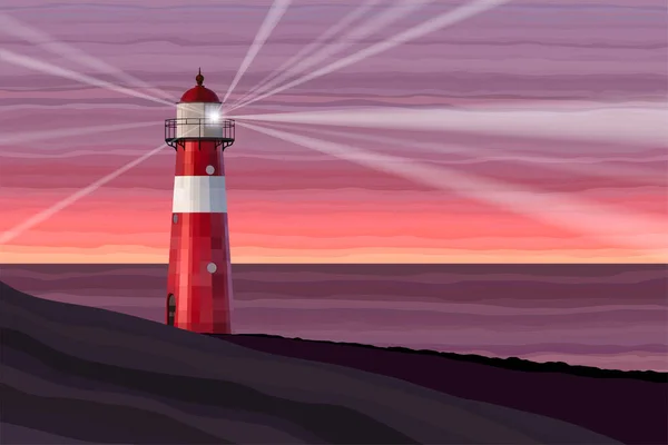 A red and white lighthouse at sea at dusk vector illustration — 图库矢量图片