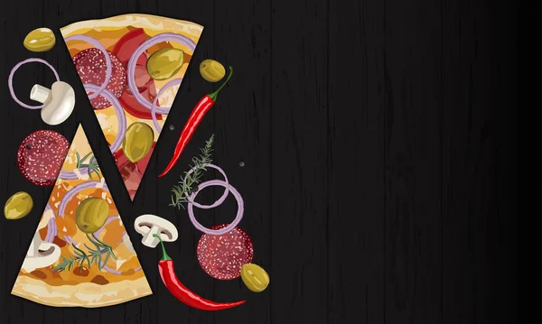Włoski oryginalny Pepperoni i grzyb pizzy kawałek na czarnym tle — Wektor stockowy