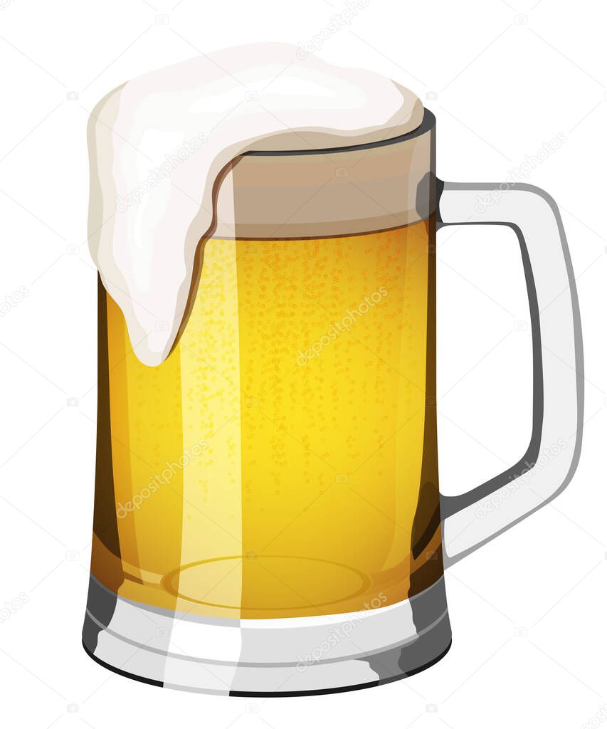 Mug of light beer with a foam head on a white background