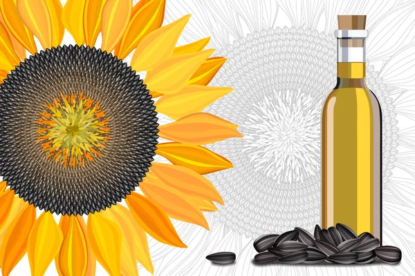 Botella de aceite de girasol con flor sobre fondo blanco . — Vector de stock