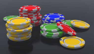 Poker çipleri yığınları siyah arkaplan üzerinde 3d resimleme